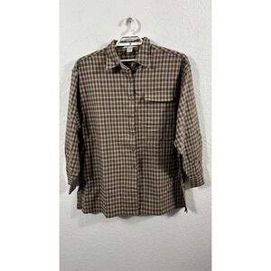 Vintage Geoffrey Beene Shirt Womens Large Beige Green Plaid Flannel Shacket 90s